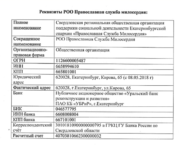 Реквизиты РОО Православная служба милосердия